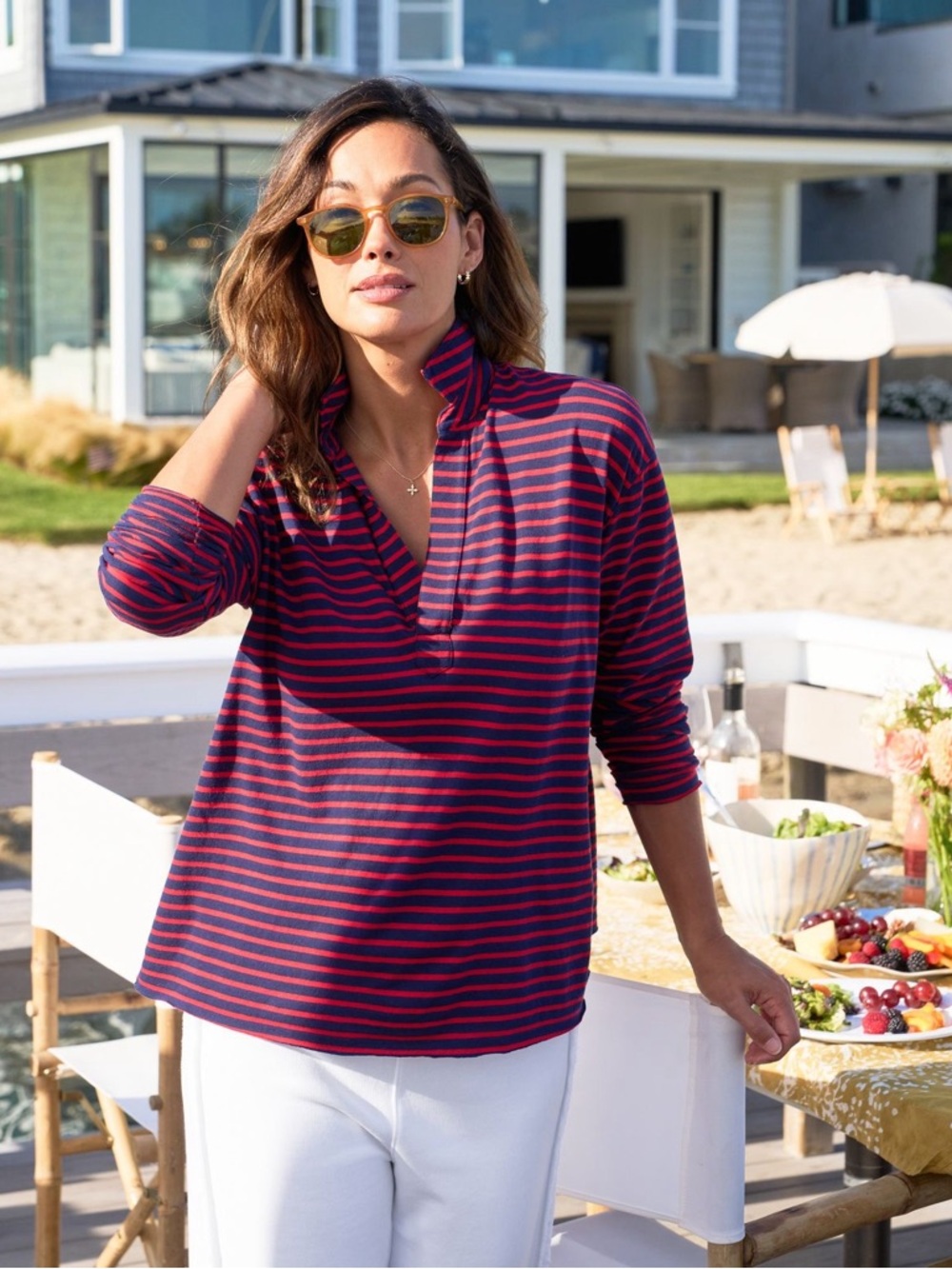 Frank & Eileen PATRICK Popover Henley Heritage Jersey Red and Navy Stripe